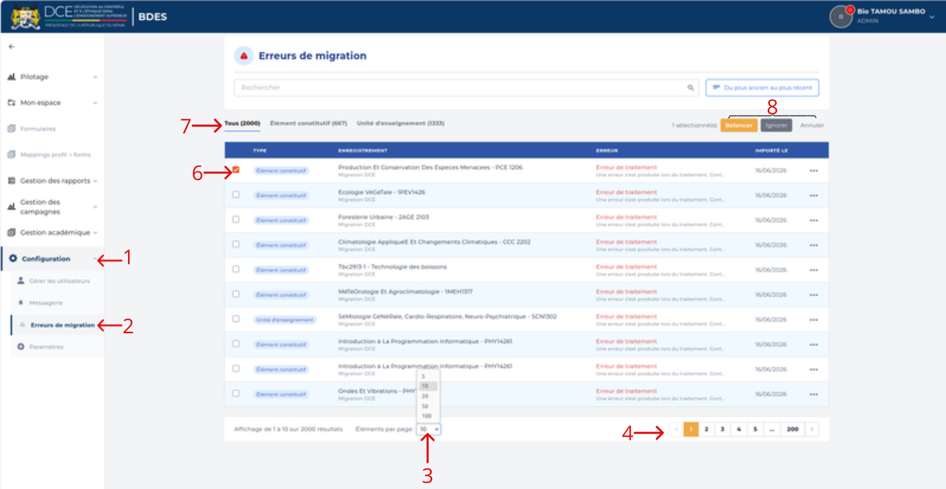 Page Erreurs de migration — liste des enregistrements en échec