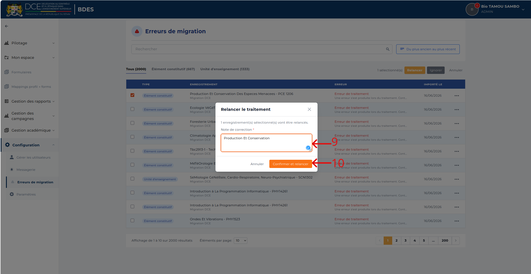 Fenêtre Relancer le traitement avec la note de correction