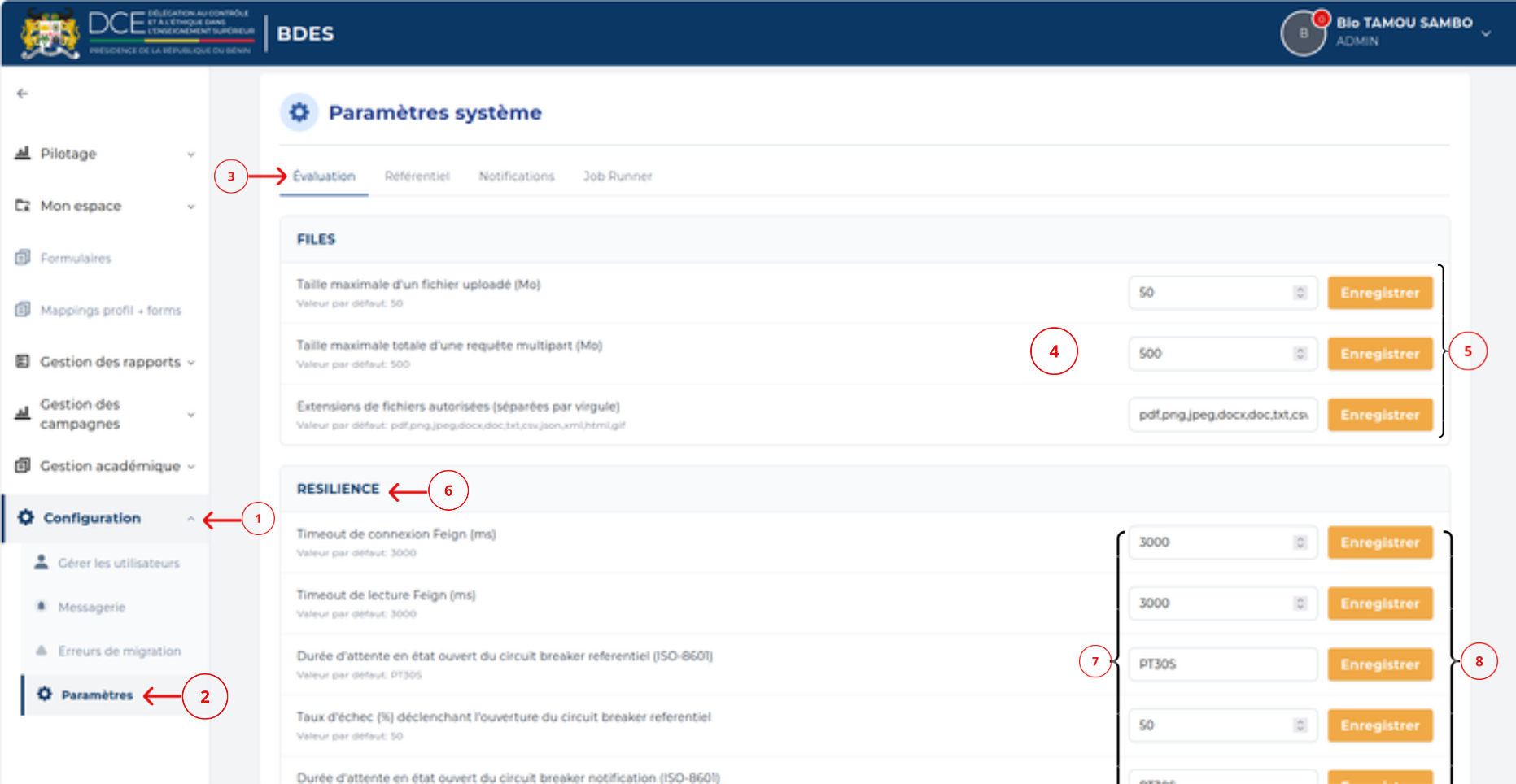 Page Paramètres système — onglet Évaluation, sections FILES et RESILIENCE