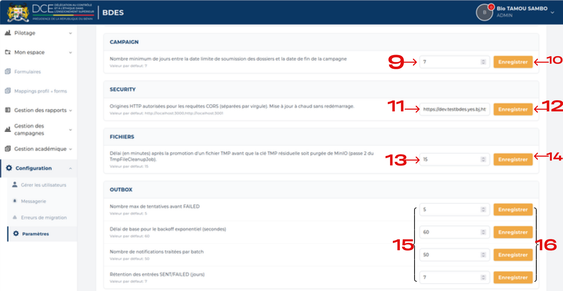 Sections CAMPAIGN, SECURITY, FICHIERS et OUTBOX