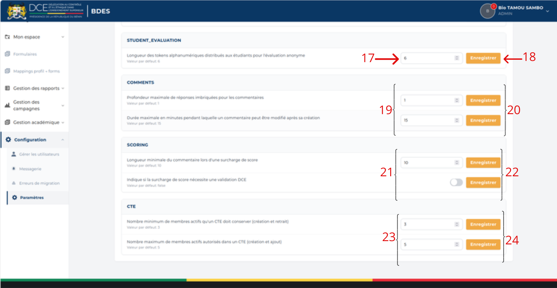 Sections STUDENT_EVALUATION, COMMENTS, SCORING et CTE
