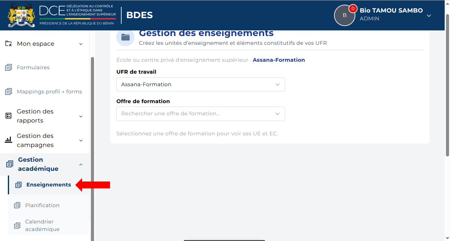 Menu Gestion académique → Enseignements et page Gestion des enseignements