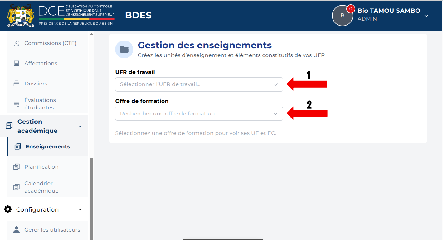 Sélection de l'UFR de travail et de l'offre de formation