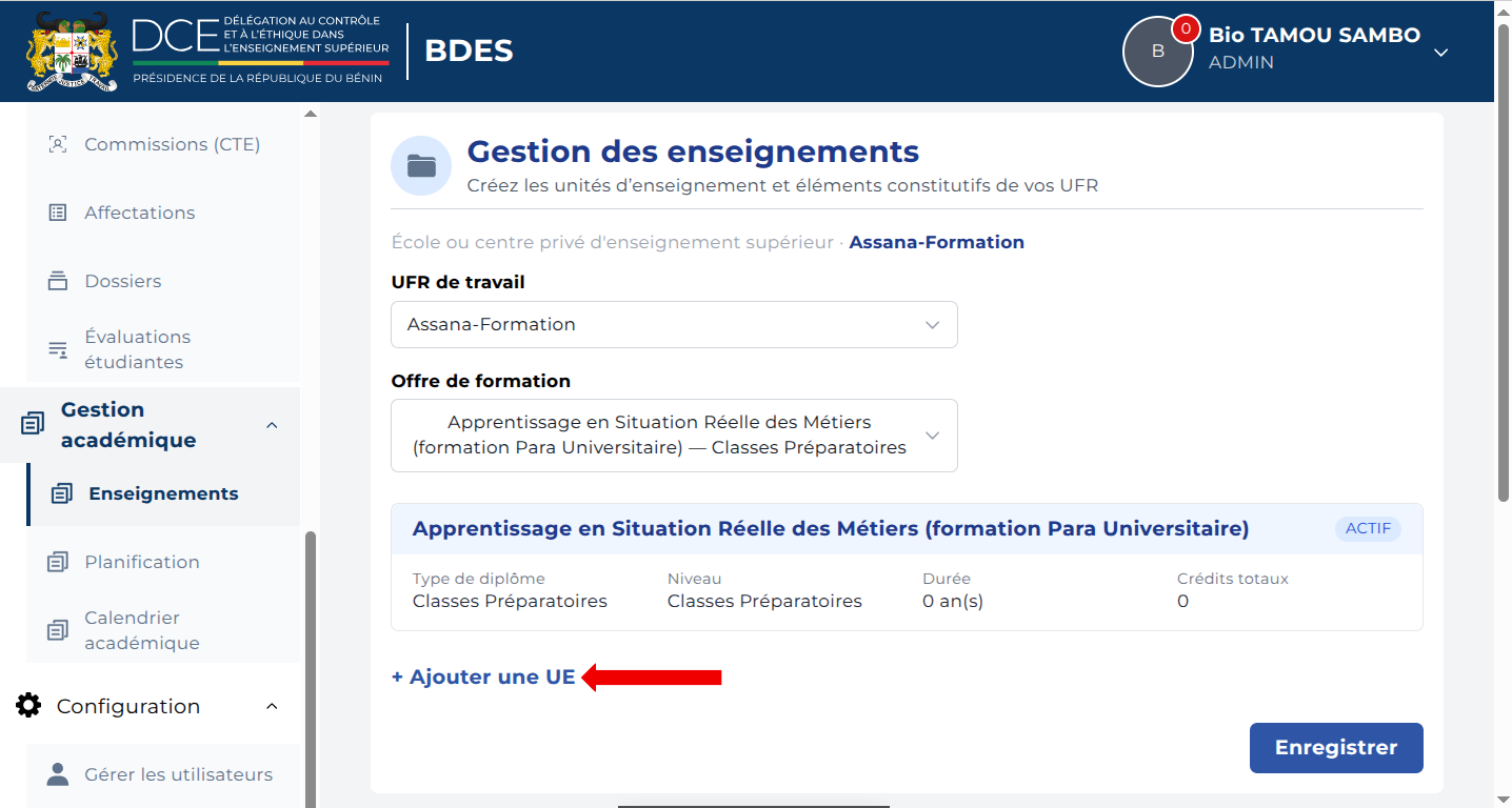 Offre de formation sélectionnée avec le bouton Ajouter une UE