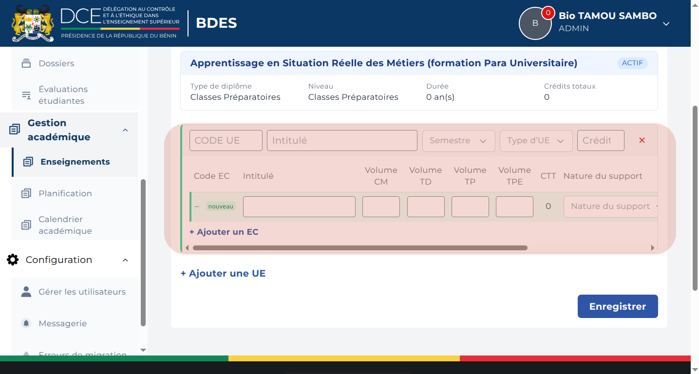 Formulaire de saisie d'une UE et de ses EC
