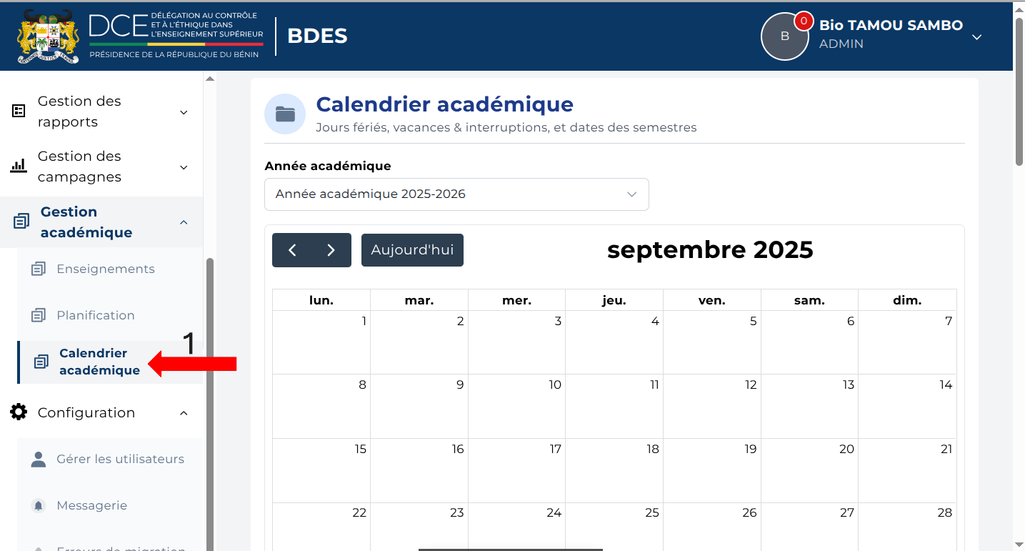 Menu Gestion académique → Calendrier académique