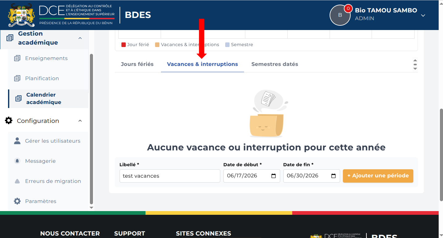 Onglet Vacances & interruptions