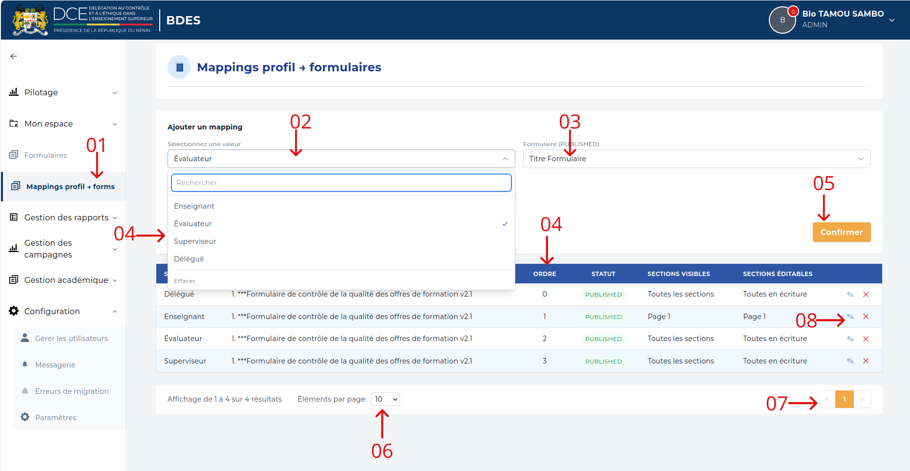 Page Mappings profil → formulaires avec le bloc Ajouter un mapping