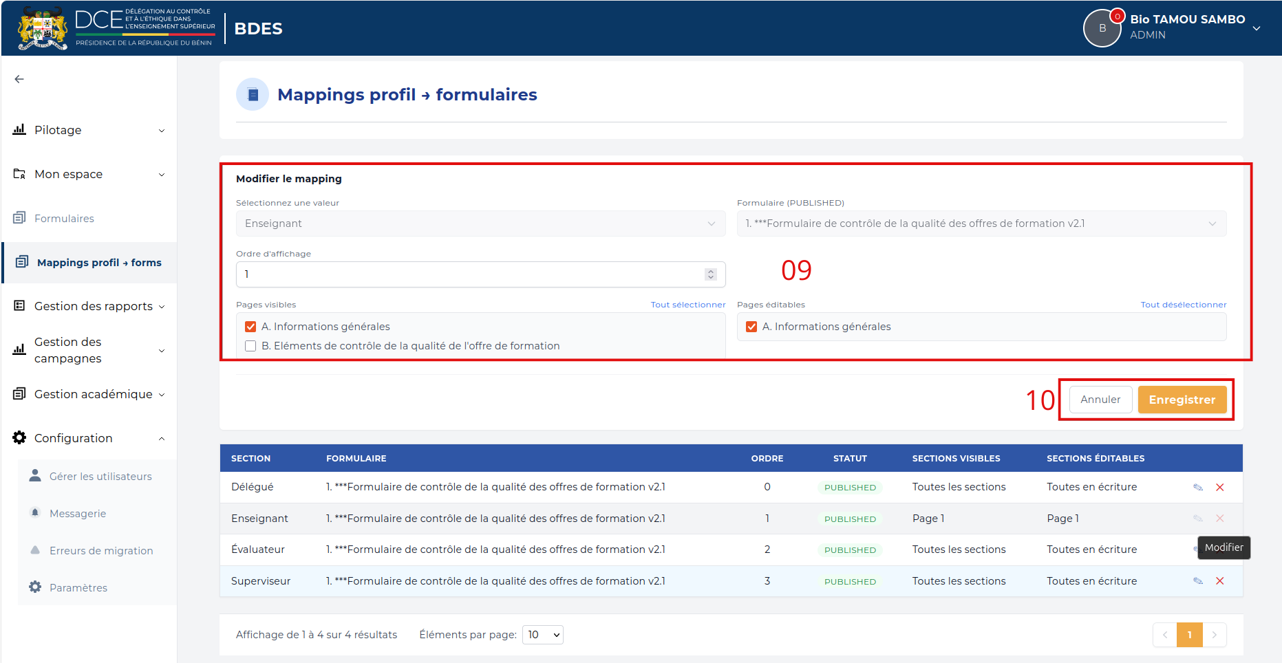 Panneau Modifier le mapping avec les pages visibles et éditables