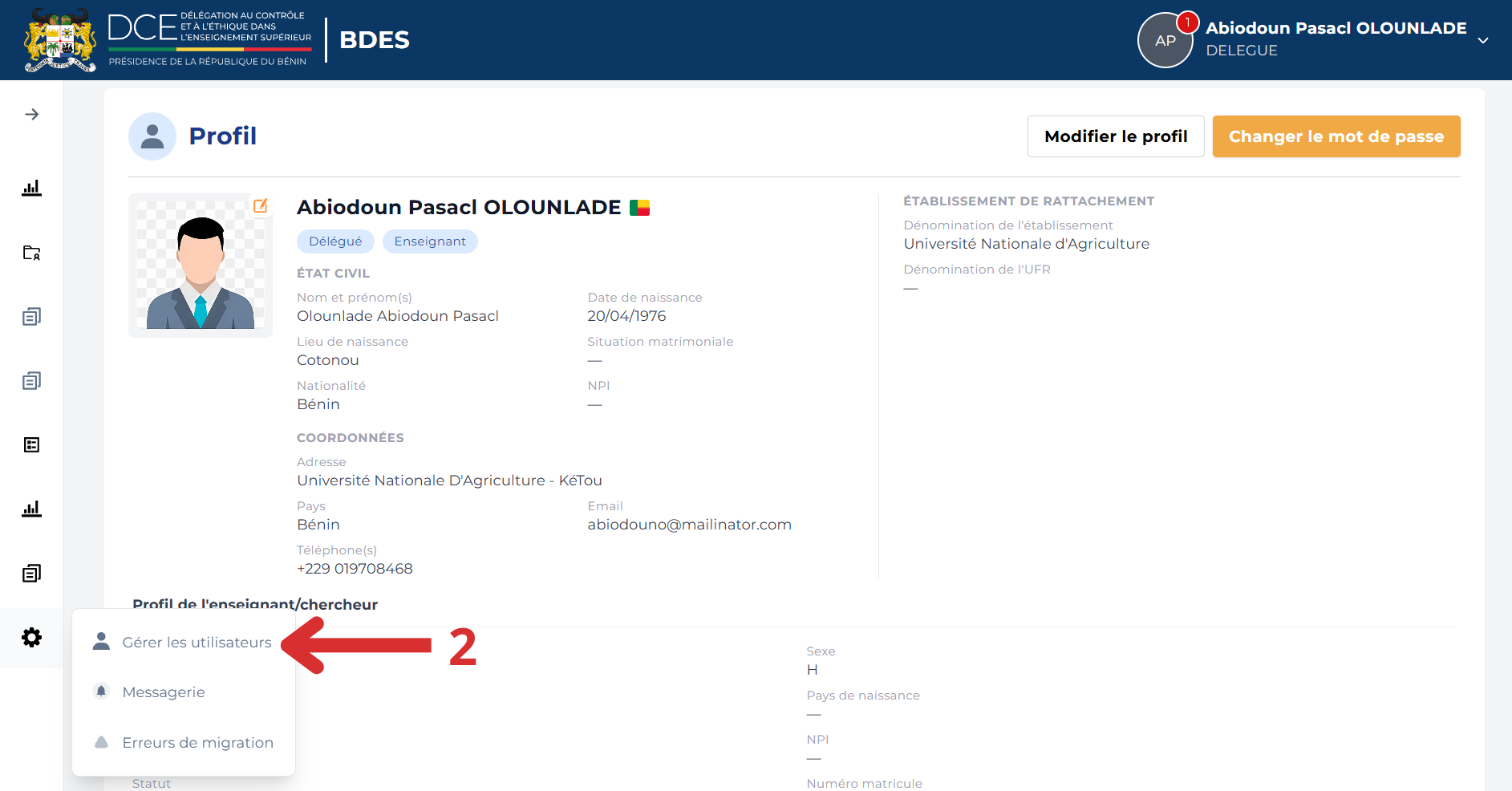 Interface Gérer les utilisateurs