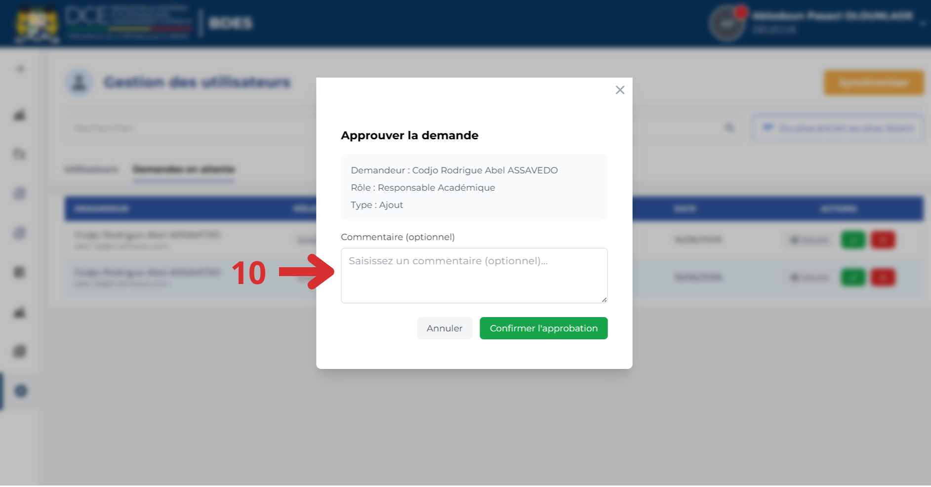 Modal d'approbation de demande