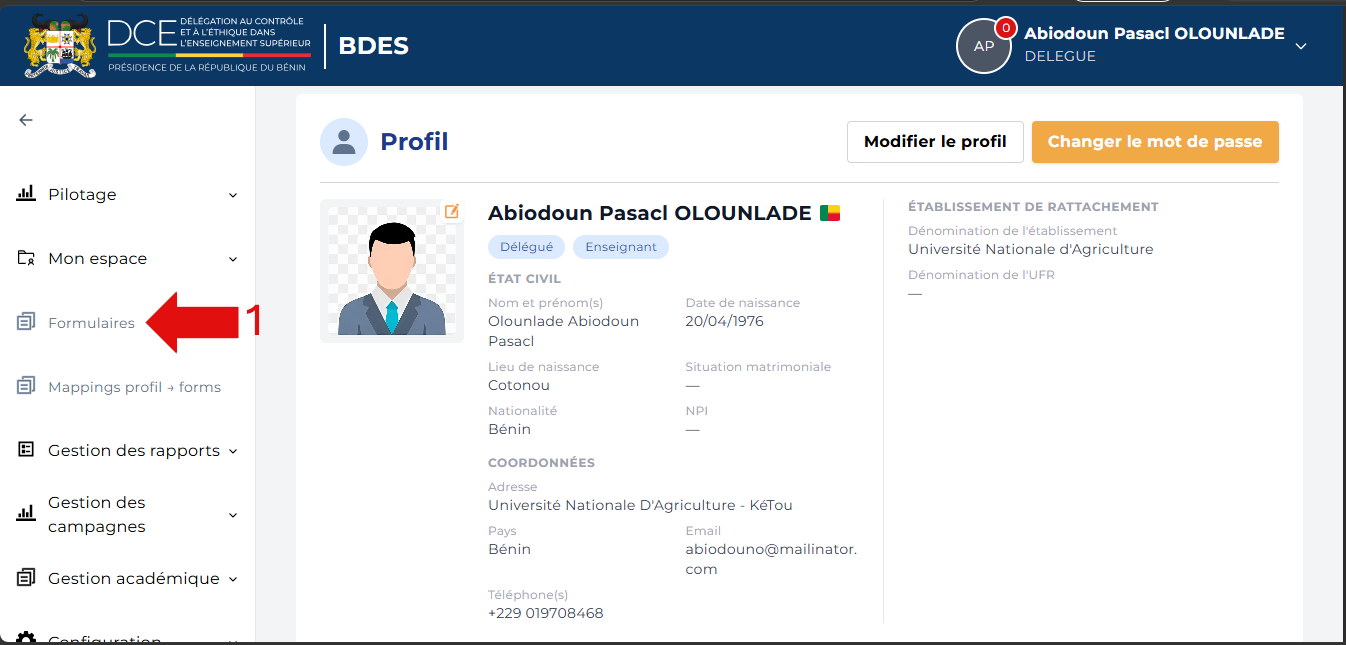 Clic sur Formulaires dans le menu de navigation