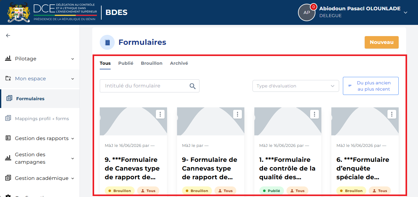 Page Formulaires avec la liste des formulaires existants