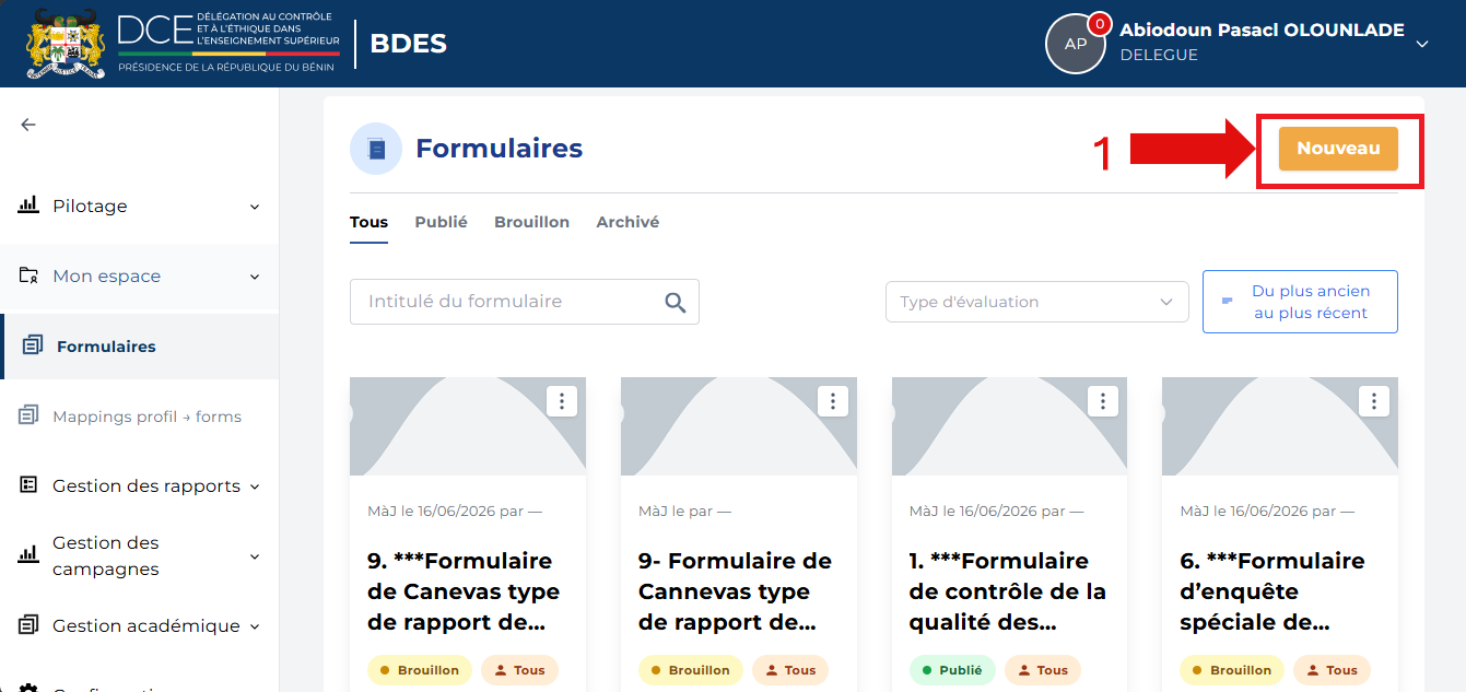 Bouton Nouveau mis en évidence sur la page Formulaires