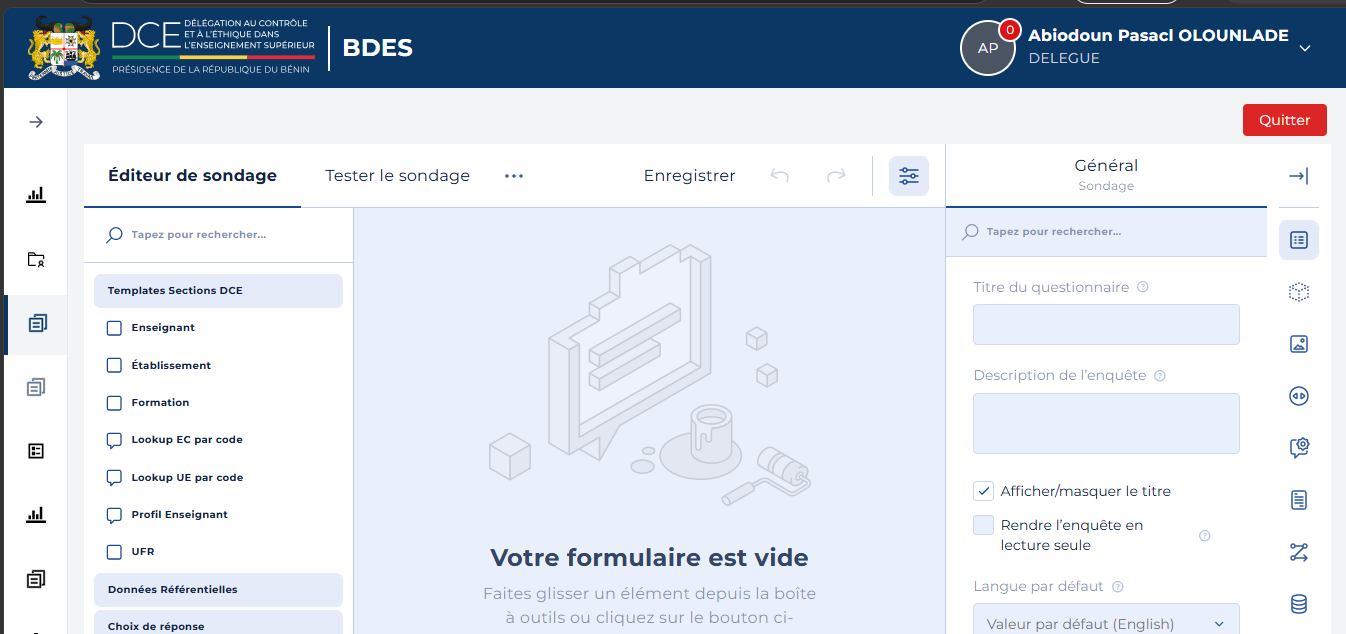 Éditeur de sondage vide avec ses trois zones