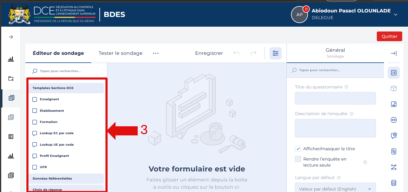 Panneau gauche avec la bibliothèque Templates Sections DCE
