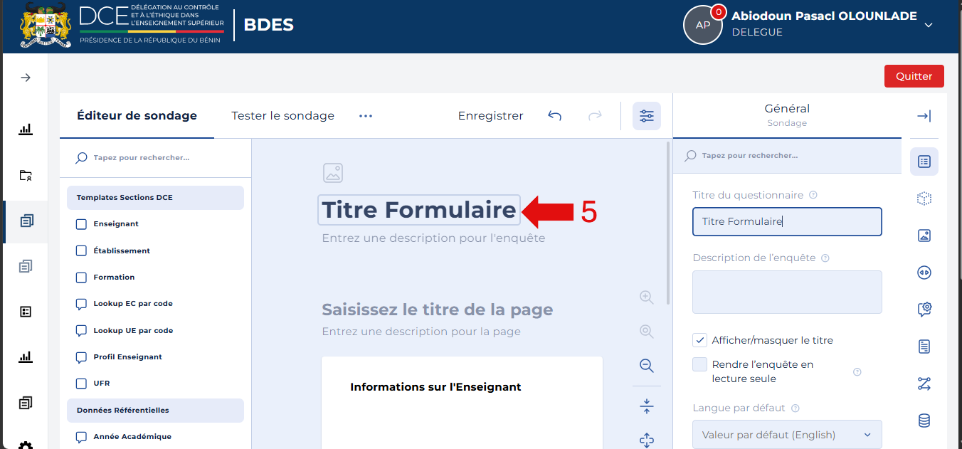Champ Titre du questionnaire dans le panneau droit et titre mis à jour dans le canvas