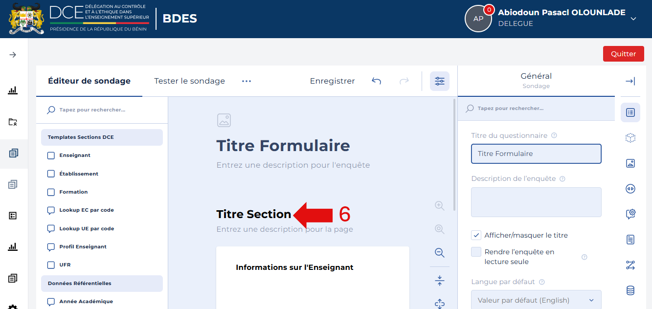 Titre Section sélectionnable dans le canvas