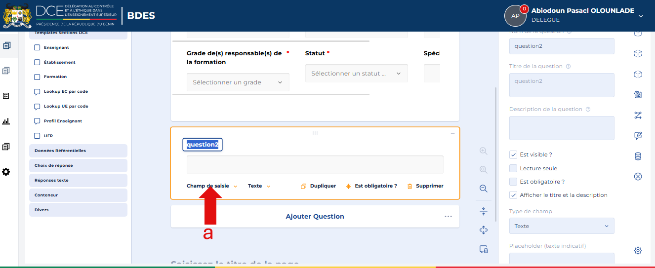 Bouton Champ de saisie sur la question