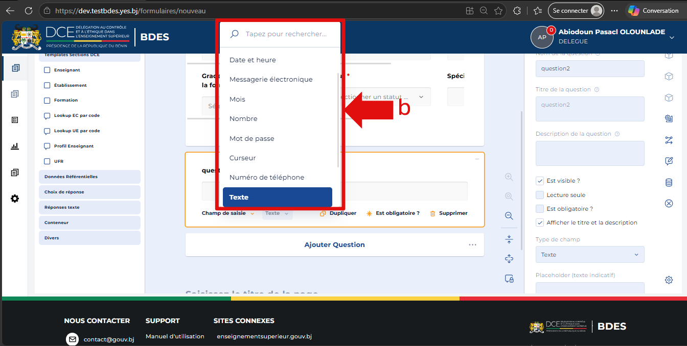 Sélecteur de type de réponse ouvert avec les options disponibles