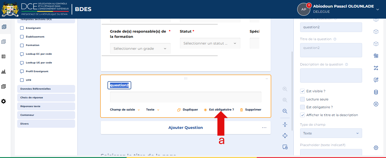 Bouton Est obligatoire sur la question