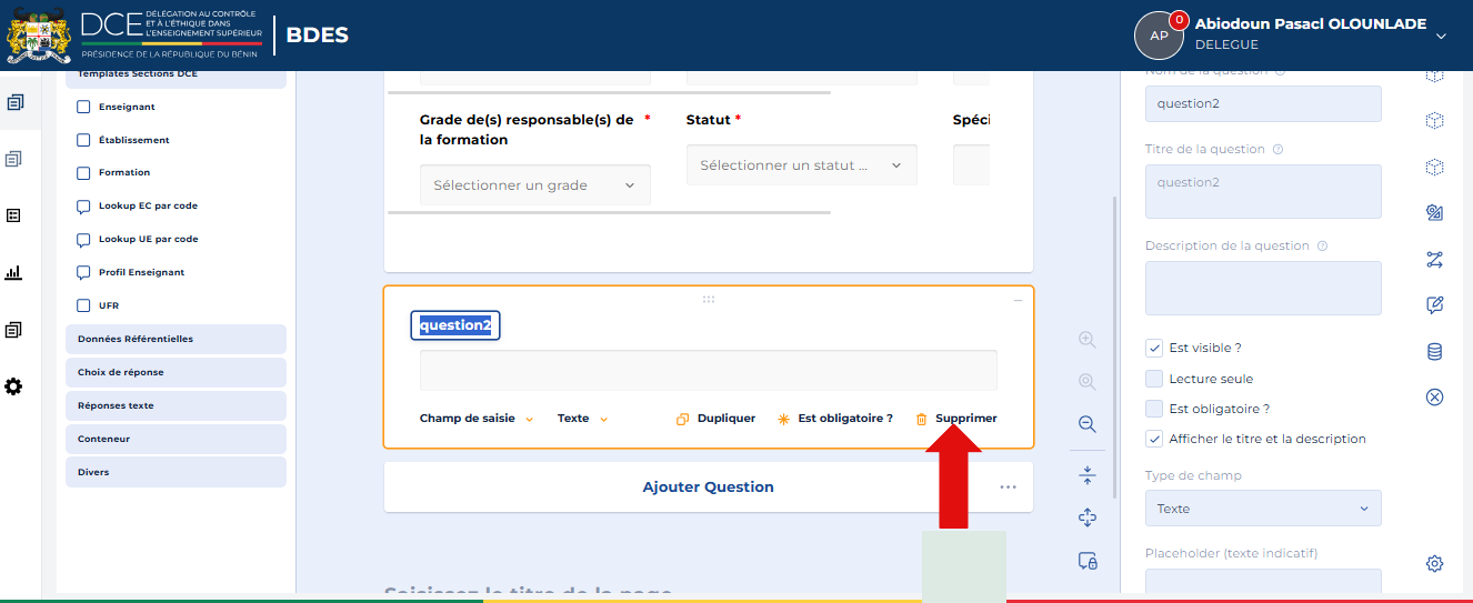 Bouton Supprimer mis en évidence sur la question
