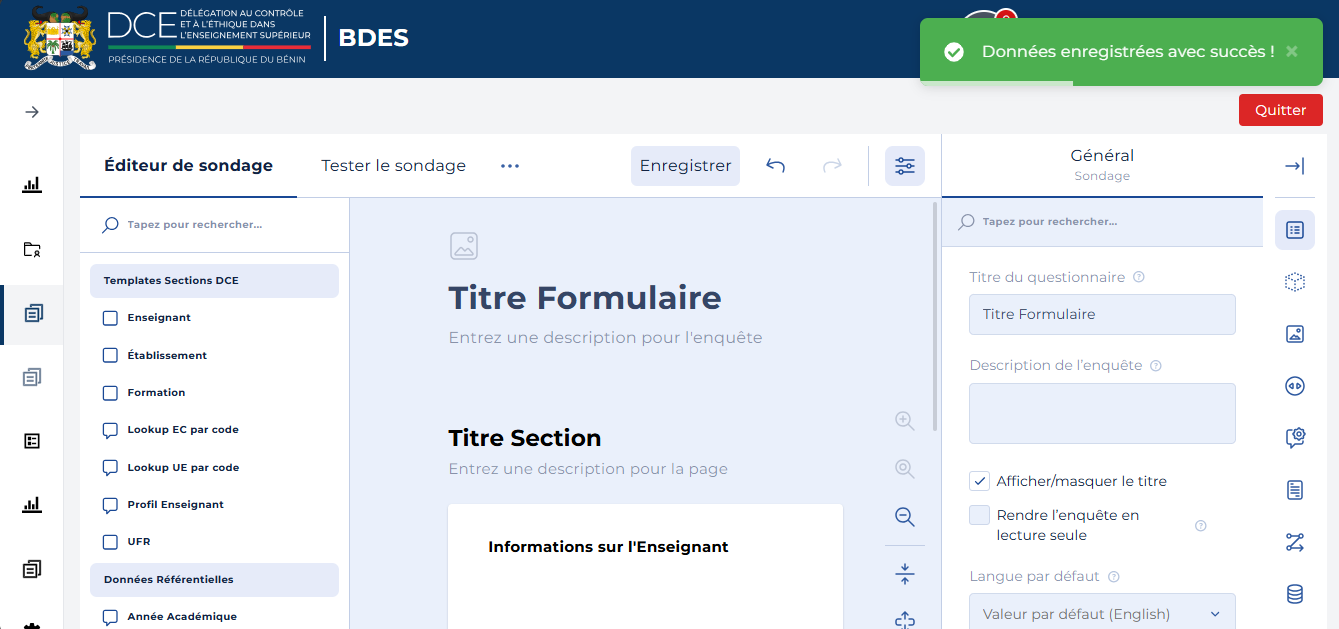 Message de confirmation Données enregistrées avec succès