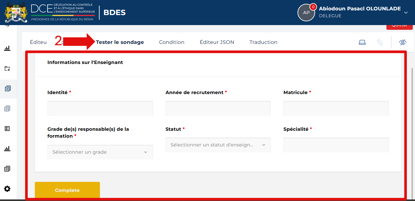 Onglet Tester le sondage avec l'aperçu du formulaire