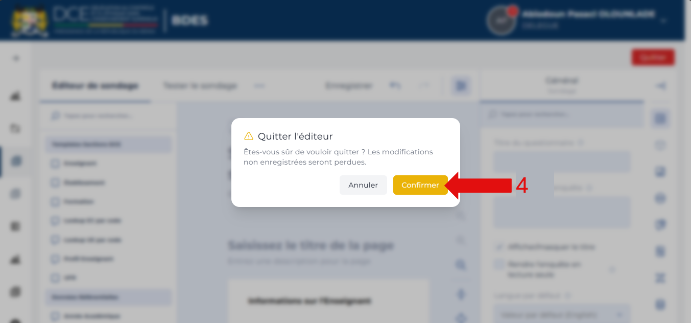 Fenêtre Quitter l'éditeur avec le bouton Confirmer