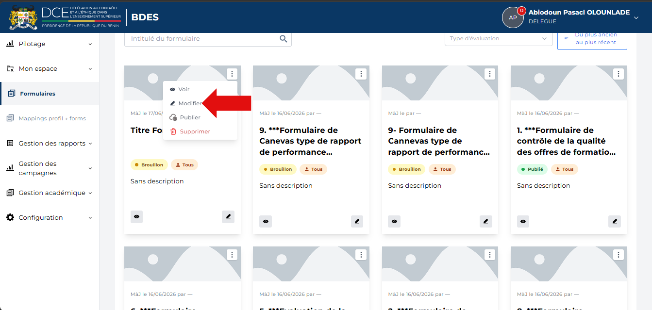 Option Modifier dans le menu d'actions