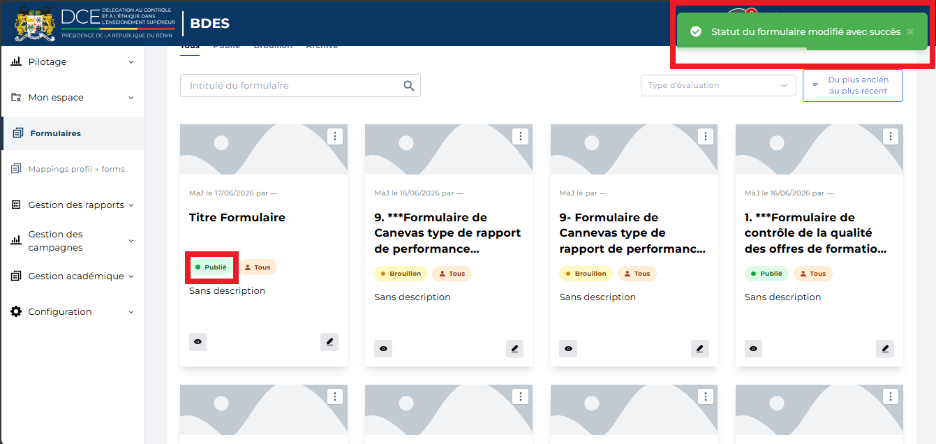 Message Statut du formulaire modifié avec succès et statut Publié sur la carte