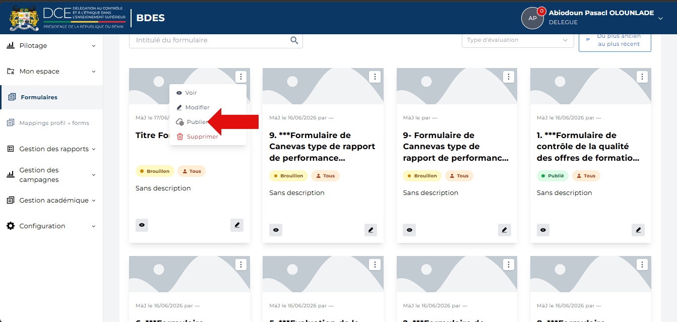 Option Publier dans le menu d'actions