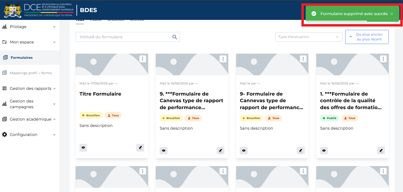 Message Formulaire supprimé avec succès