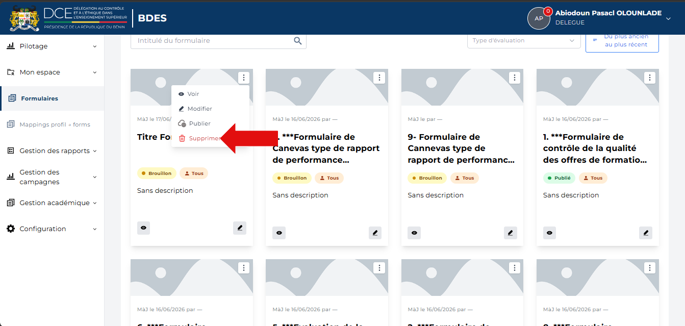 Option Supprimer dans le menu d'actions
