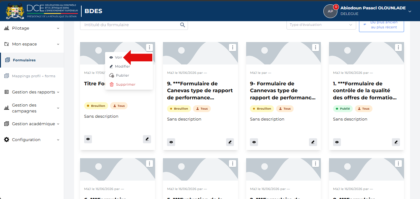 Option Voir dans le menu d'actions