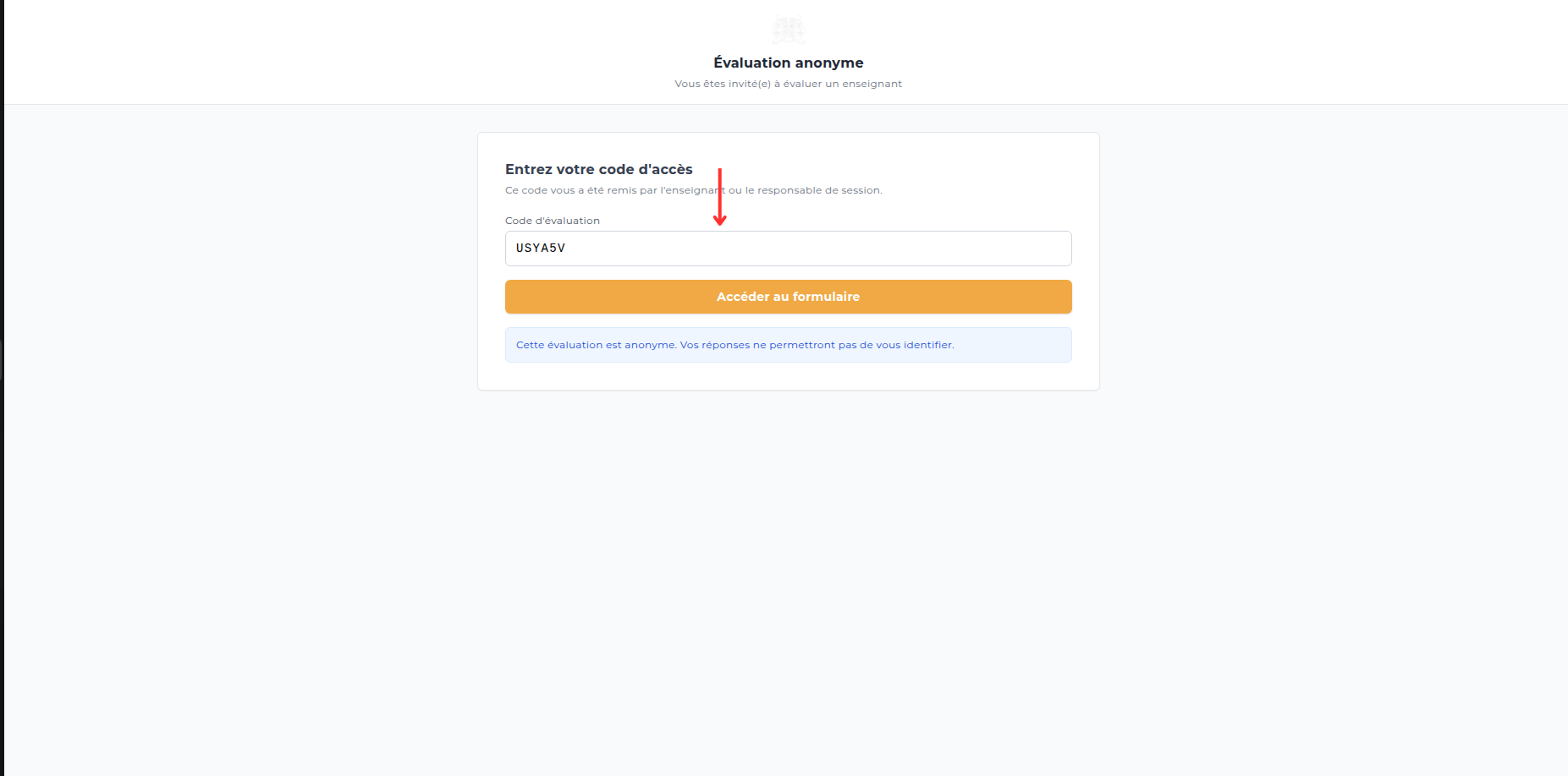 Page d’accès à l’évaluation