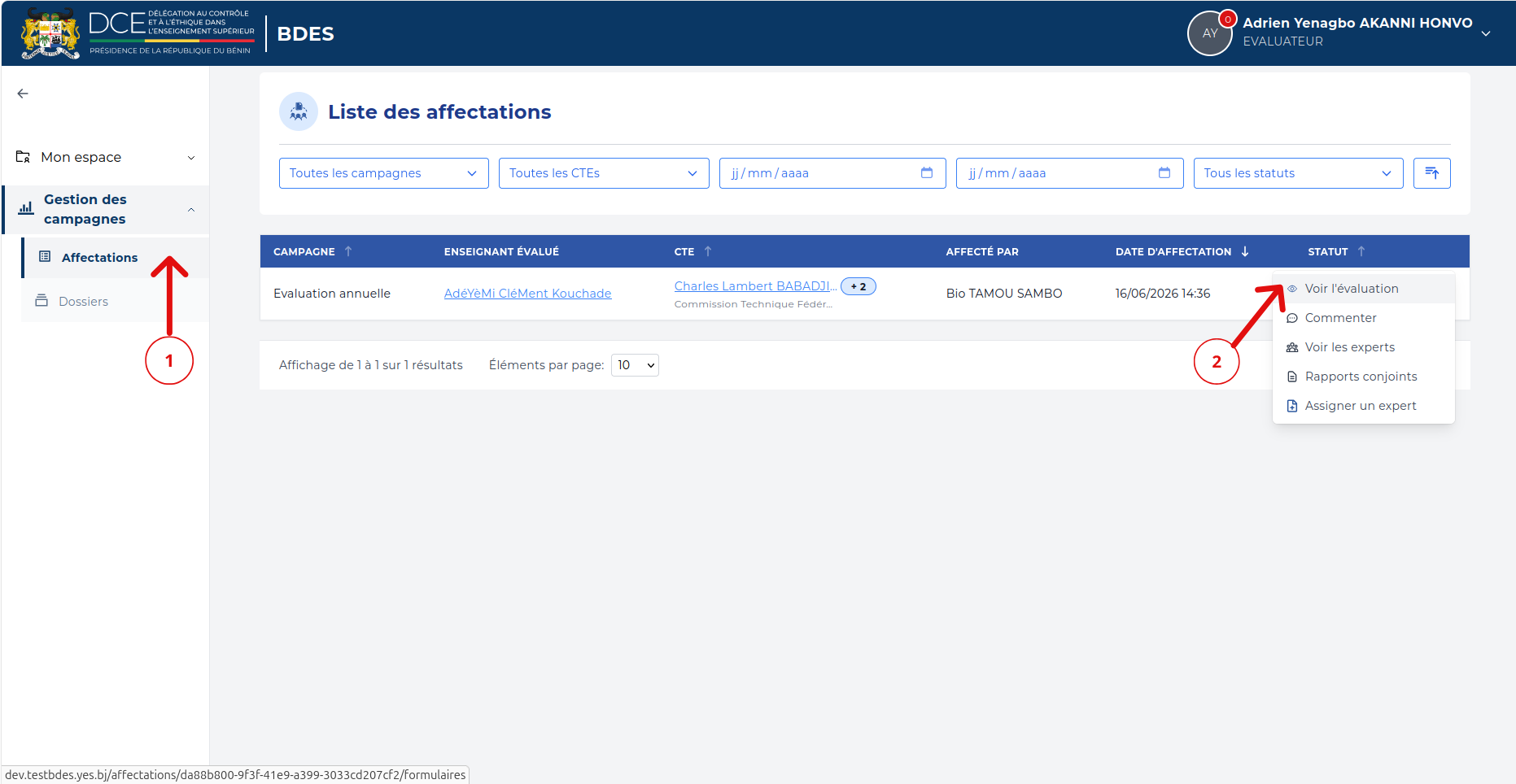 Menu d'actions d'une affectation