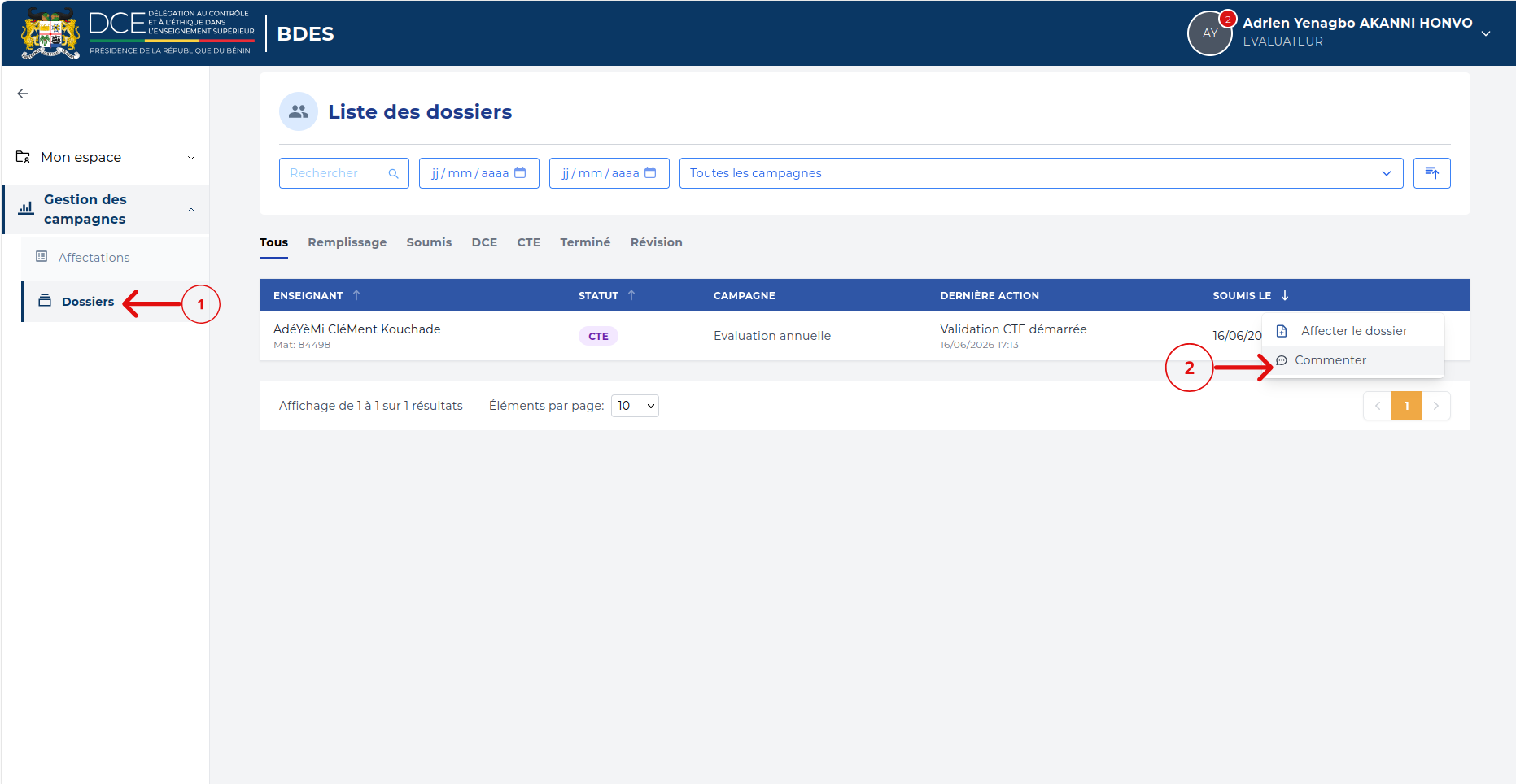 Menu d'actions d'un dossier