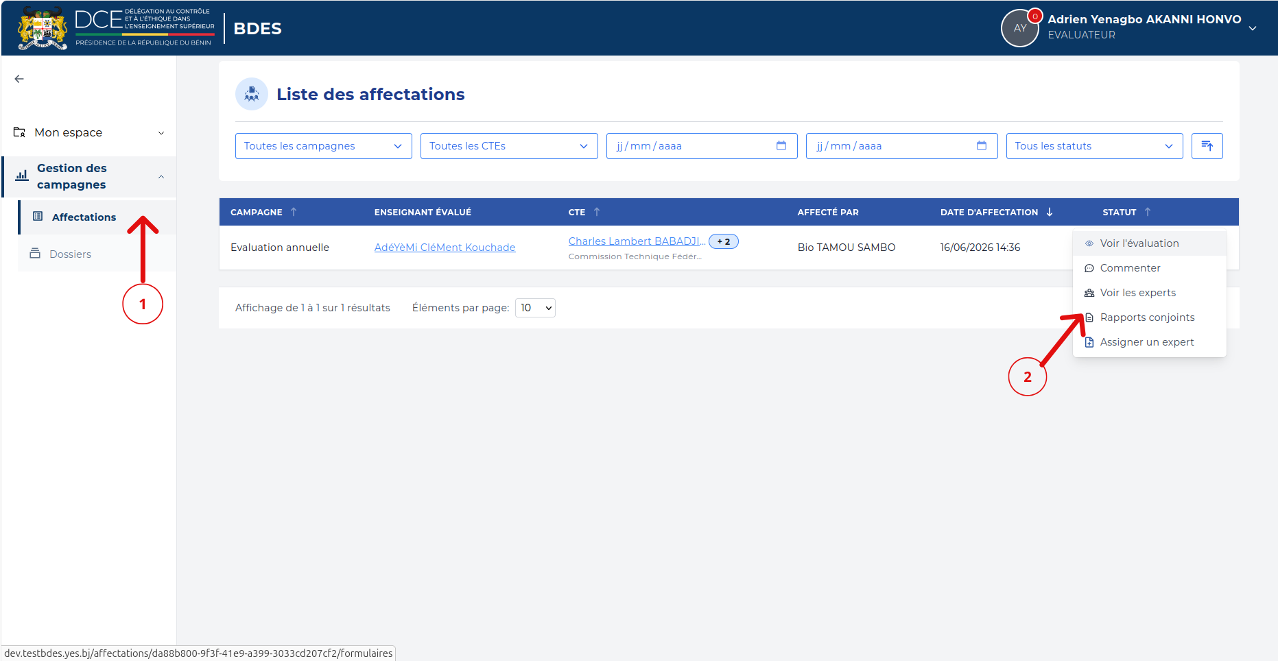 Menu d'actions d'une affectation ouvert sur Voir l'évaluation