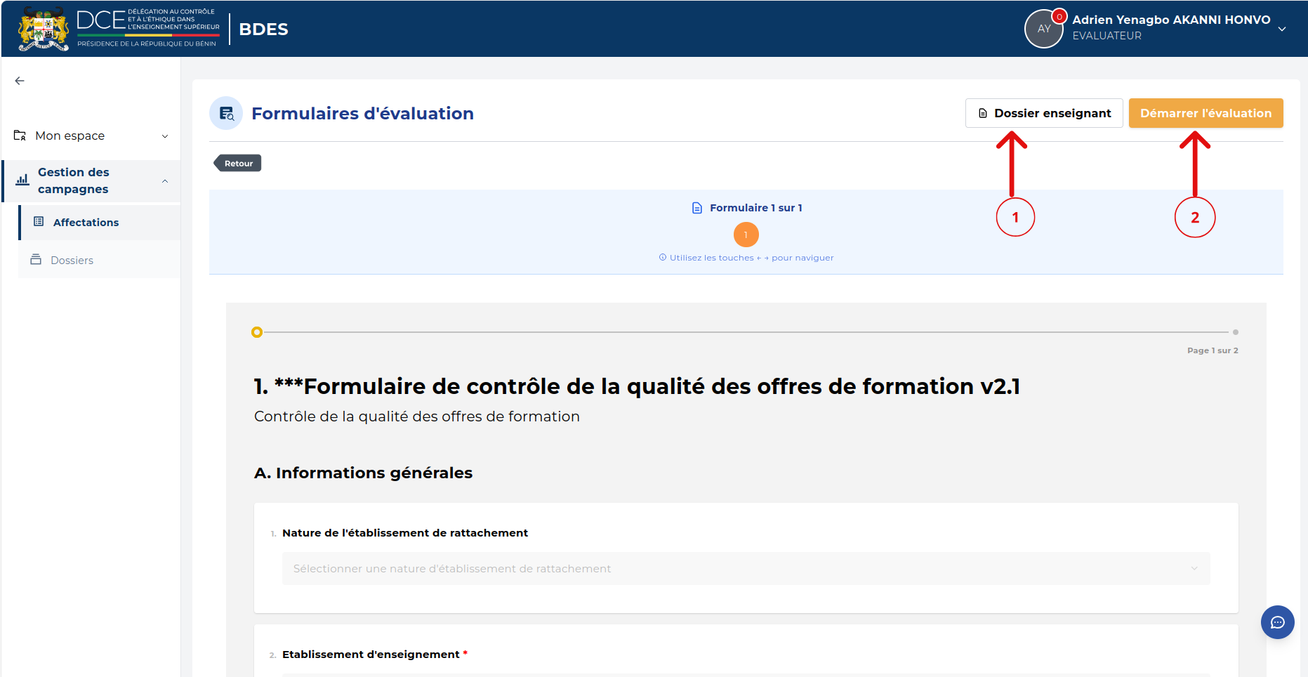Page Formulaires d'évaluation avec les boutons Dossier enseignant et Démarrer l'évaluation