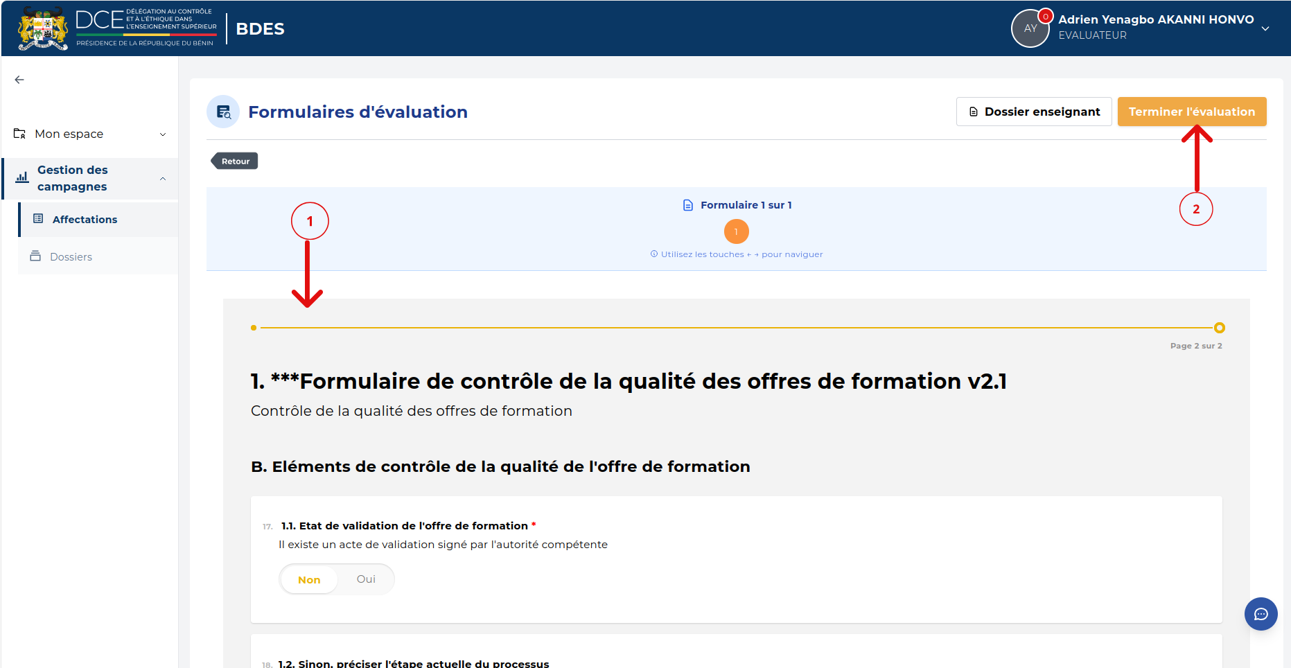 Dernière page du formulaire avec le bouton Terminer l'évaluation