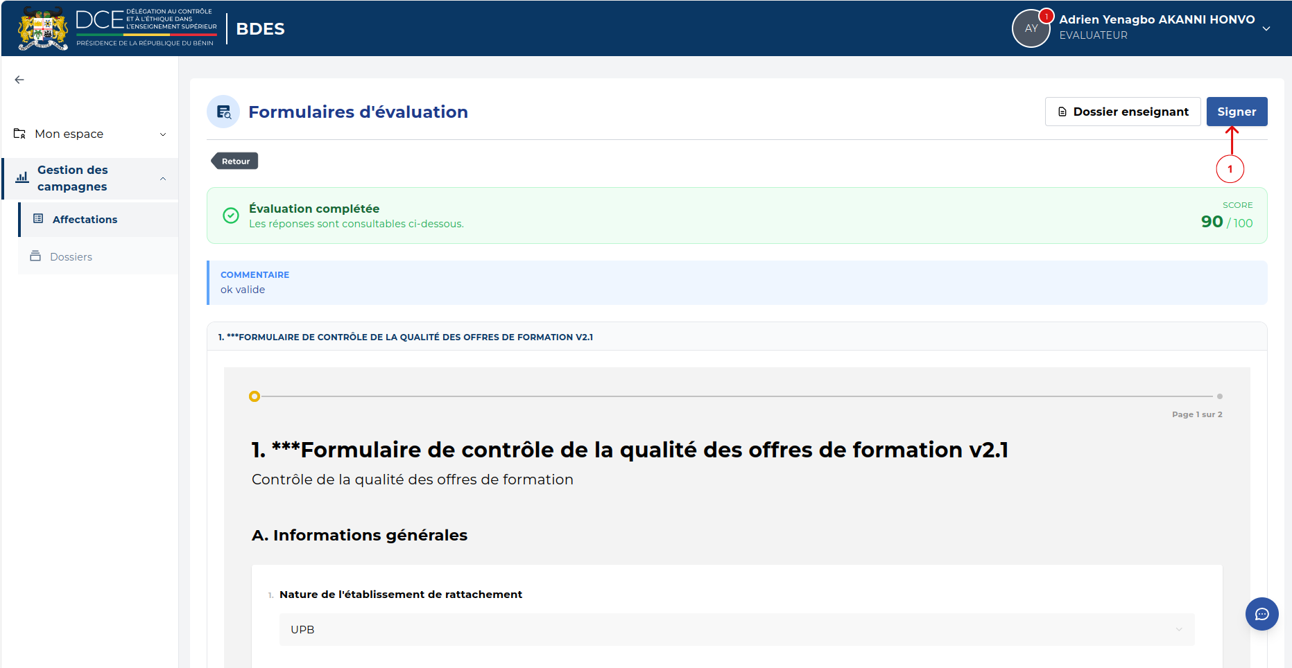 Évaluation complétée avec le score et le bouton Signer