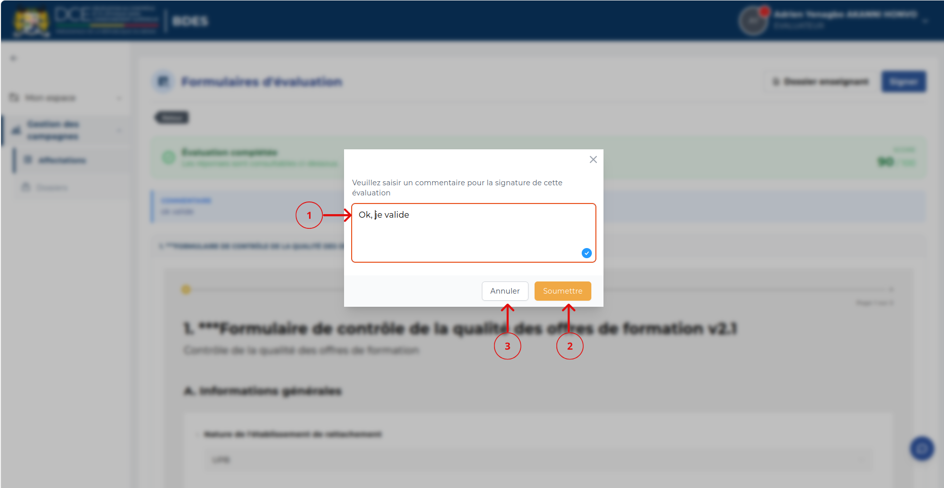 Fenêtre de commentaire pour la signature de l'évaluation