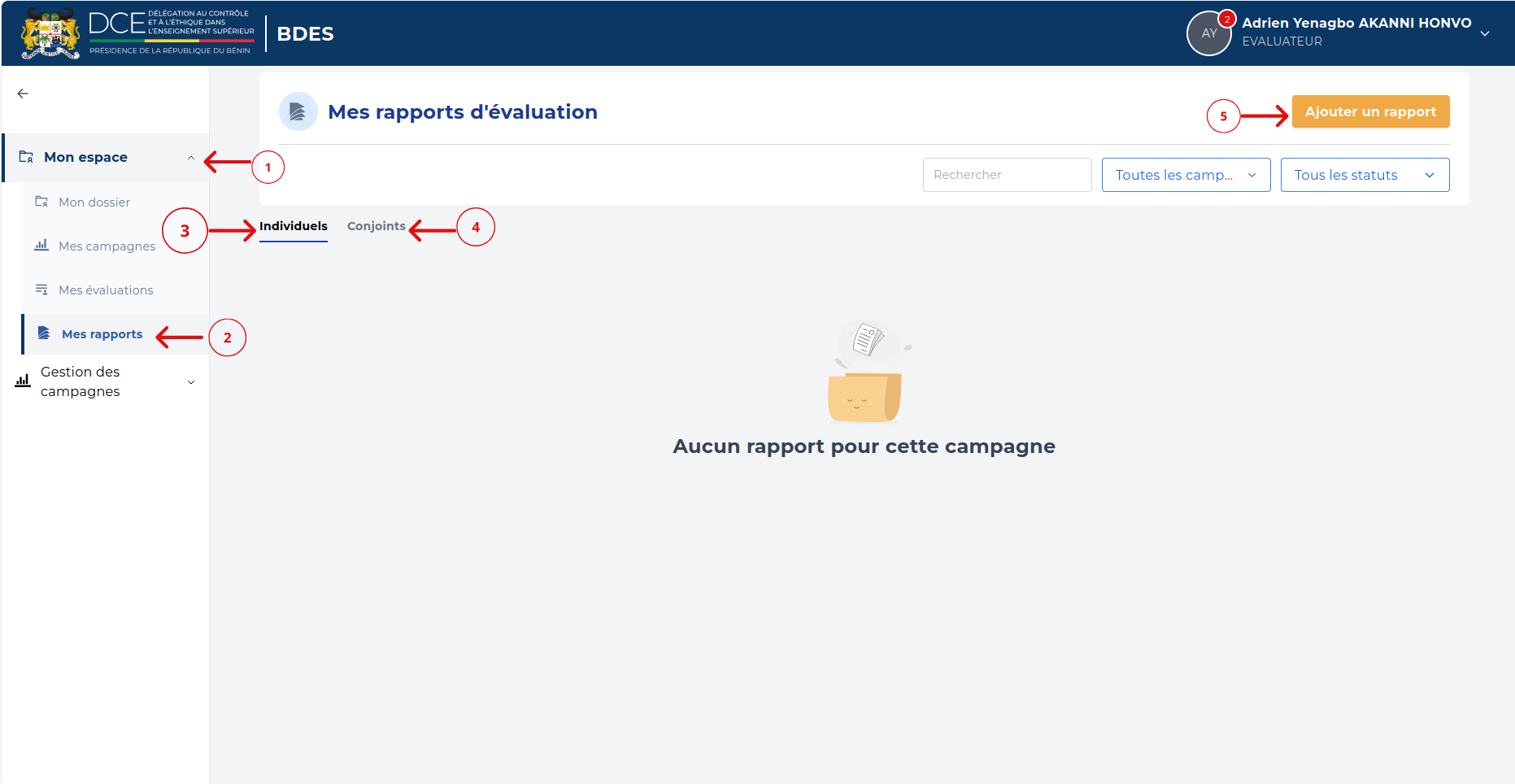 Page Mes rapports d'évaluation avec les onglets Individuels et Conjoints