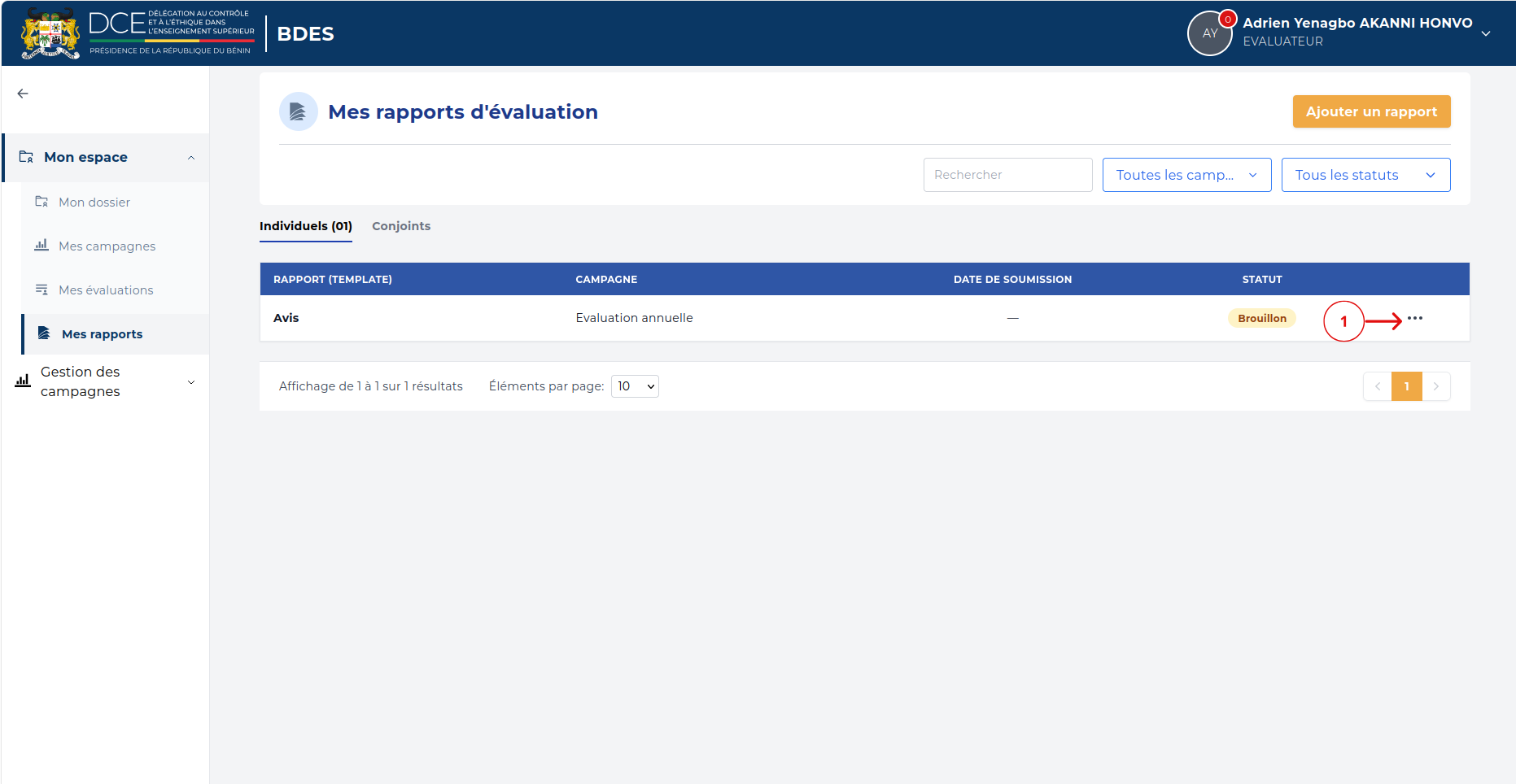 Rapport au statut Brouillon dans la liste des rapports