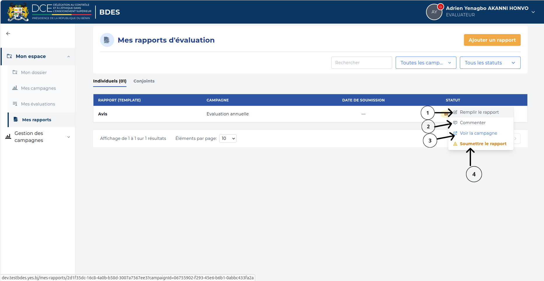 Menu d'actions d'un rapport en brouillon ouvert sur Remplir le rapport