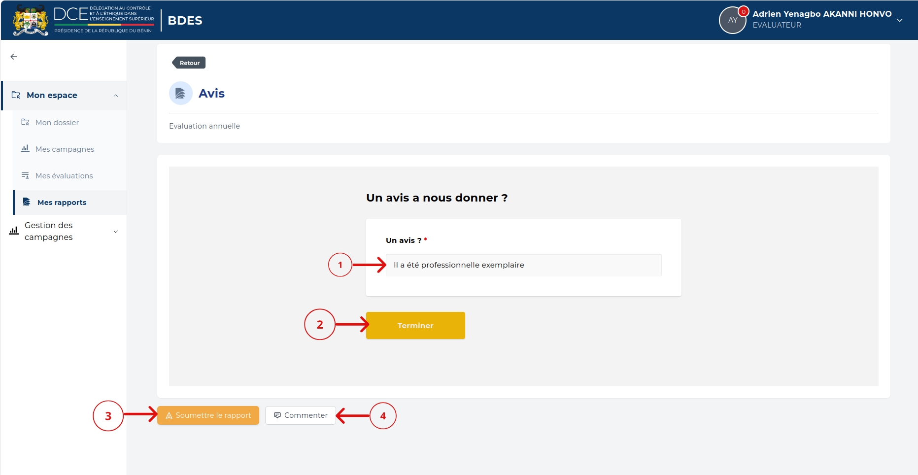 Formulaire du rapport renseigné avec le bouton Terminer