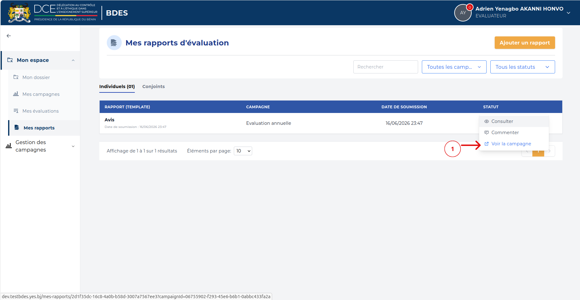 Menu d'actions d'un rapport soumis