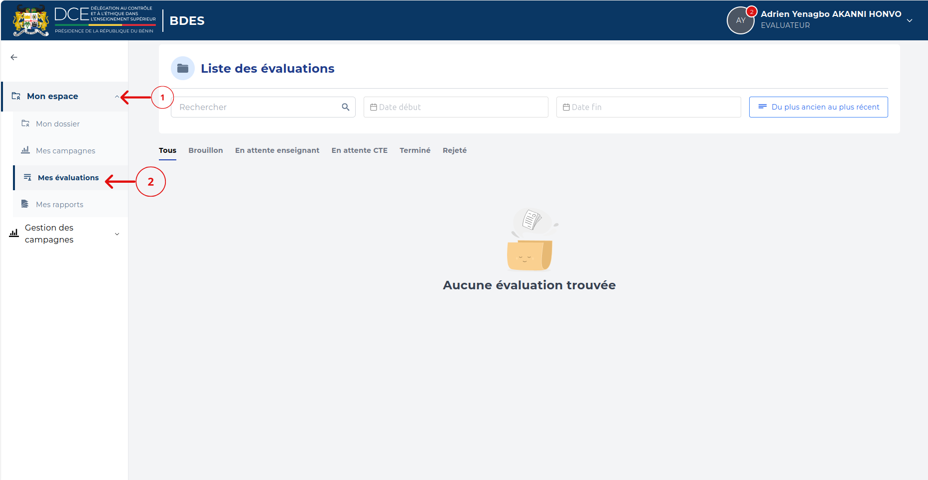 Page Mes évaluations avec les onglets de statut