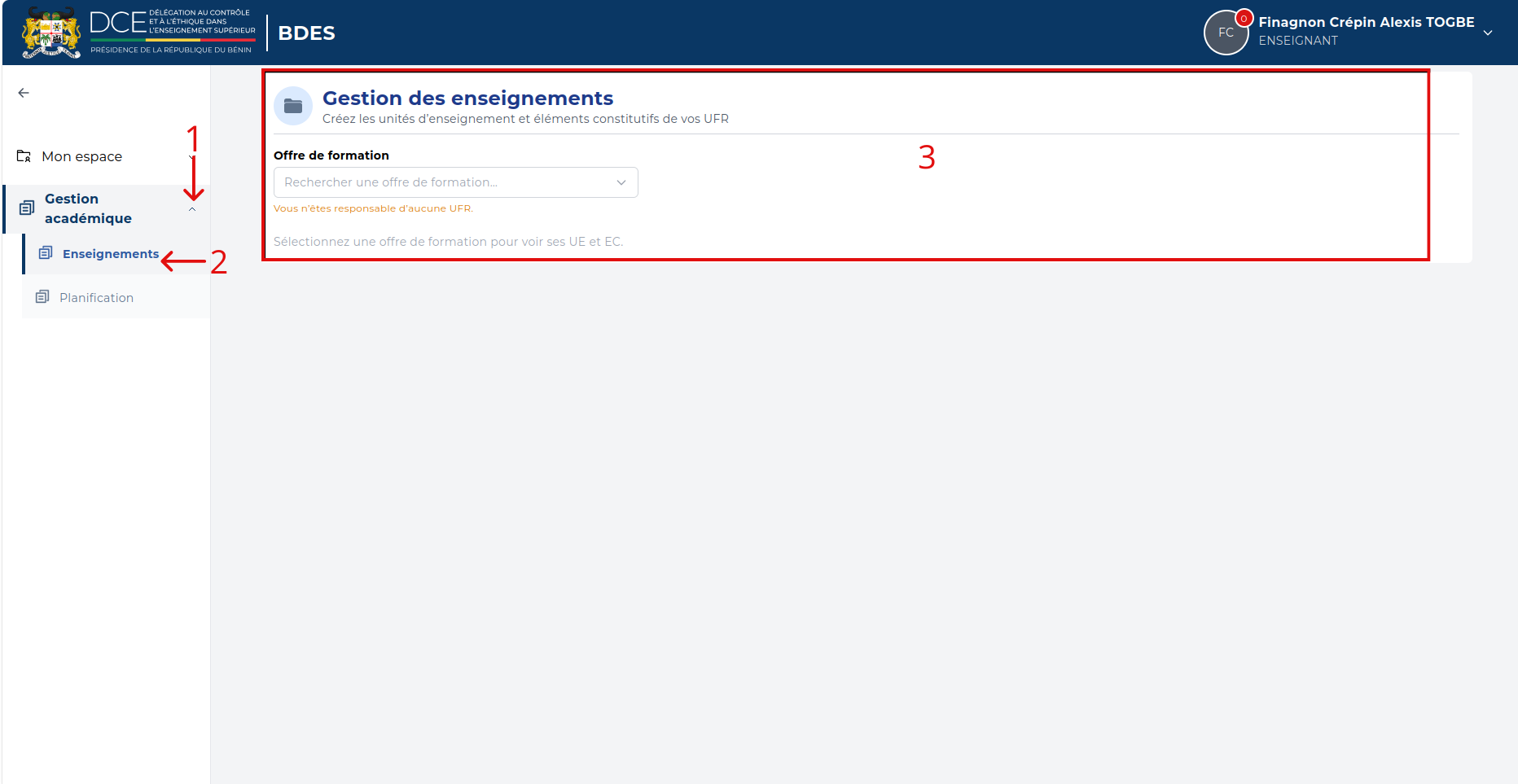 Page Gestion des enseignements du responsable académique